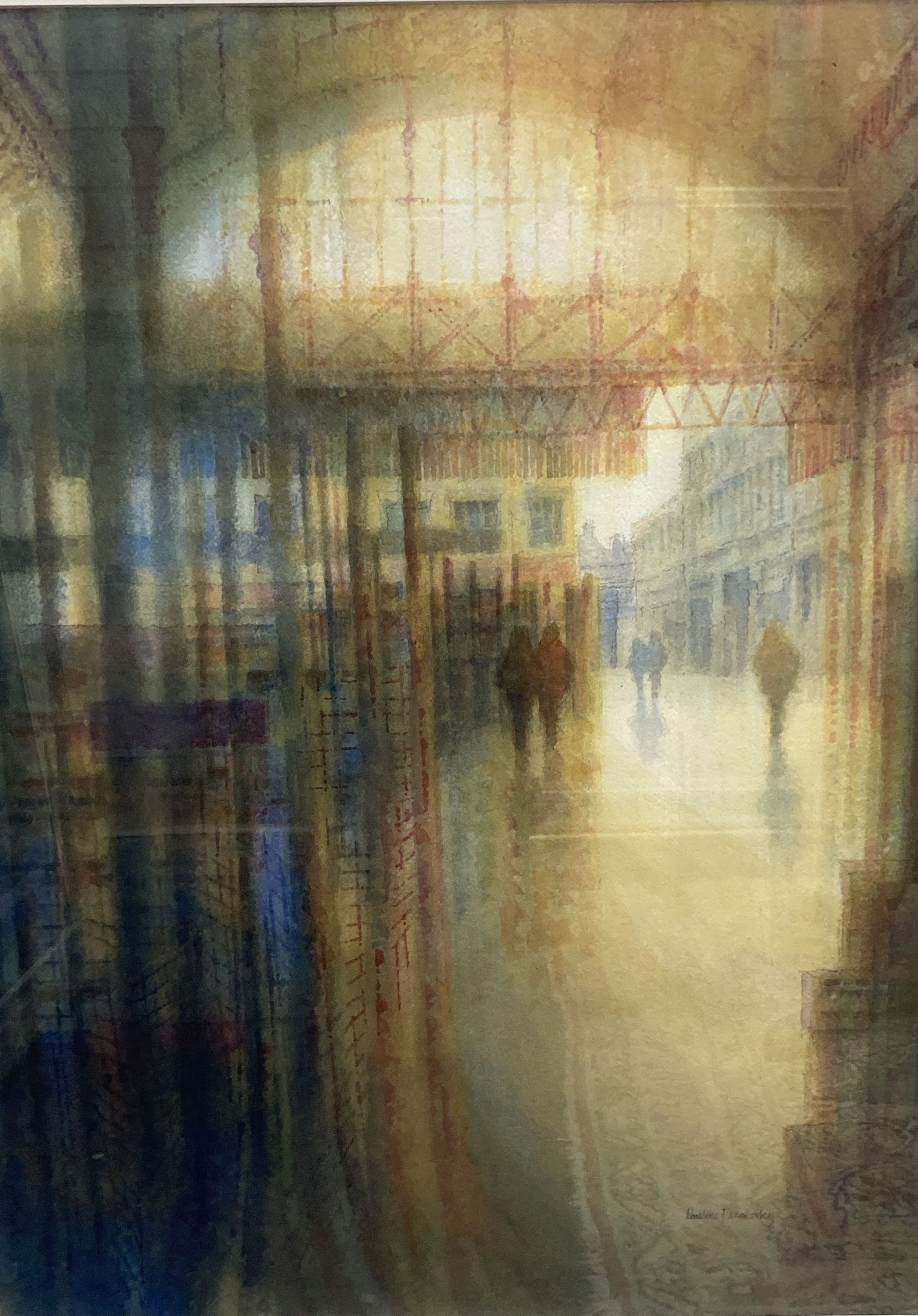 Pauline Fazakerley, watercolour, London market, evening light, signed, 69 x 51cm